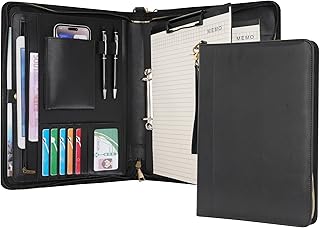 Wason Porte-documents A4 avec Fermeture Éclair - Padfolio en Cuir PU avec Classeur à Anneaux Détachable et Support Bloc-Notes, Organiseur Conférence Multi-Poches pour Bureau Voyage École(Noir)